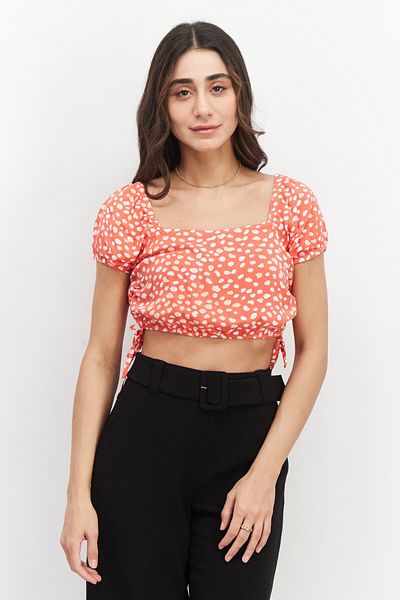 Roxy Women Square Neck Short Sleeve Allover Print Crop Top, Red Combo