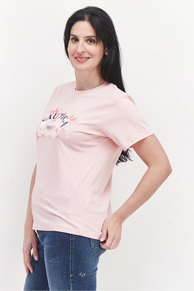Nautica Women Crew Neck Short Sleeve Printed T-shirts, Pink Combo