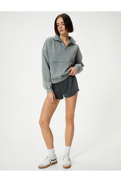 Koton Half Zipper Sweatshirt - Stand Collar - Kangaroo Pocket - Faded Effect