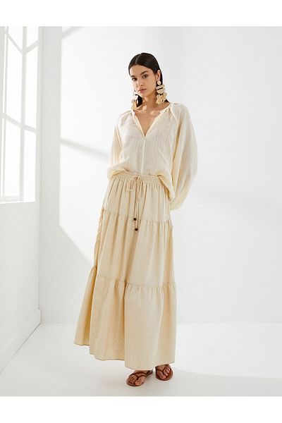 Koton Textured Midi Skirt - Flywheel Detail and Elastic Waist