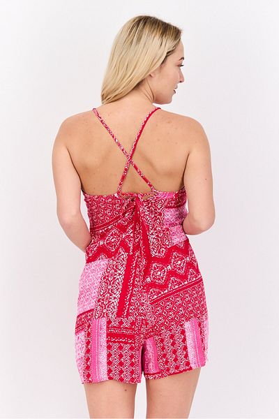 Violet Romance Women Allover Print Sleeveless Playsuits, Red Combo