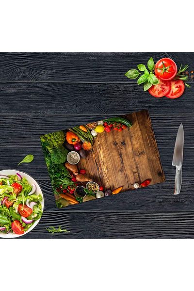 Saban 30X40 cm Glass Cutting Board - Wood and Vegetables