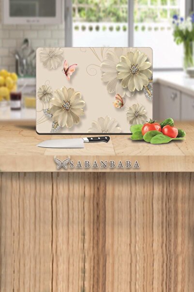 Saban 30X40 cm Glass Cutting Board Butterfly & Flowers