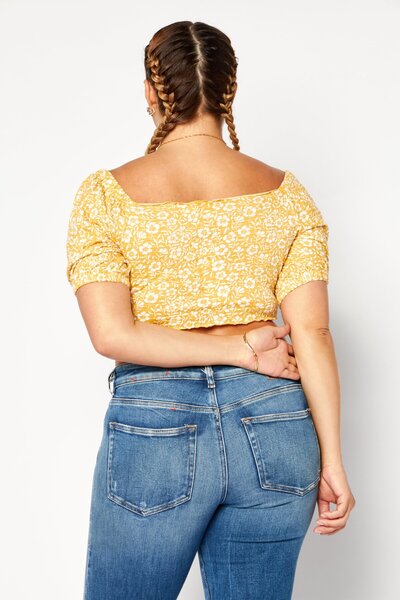 Roxy Women Square Neck Short Sleeves Floral Print Crop Top, Yellow Combo