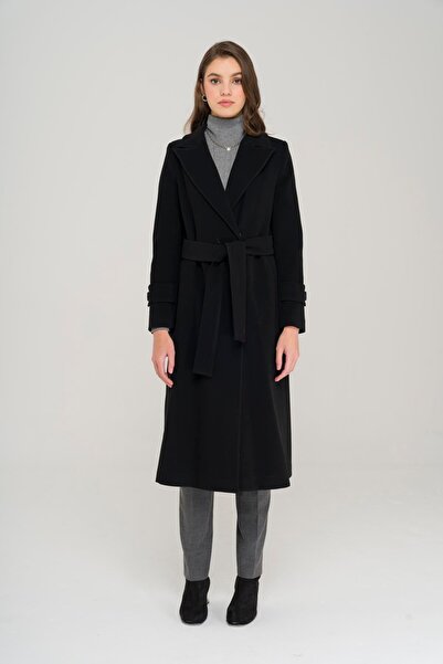 Olcay Pásek v pase, léga na rukávu, středně dlouhý kabát na patentky ČERNÁ 3912