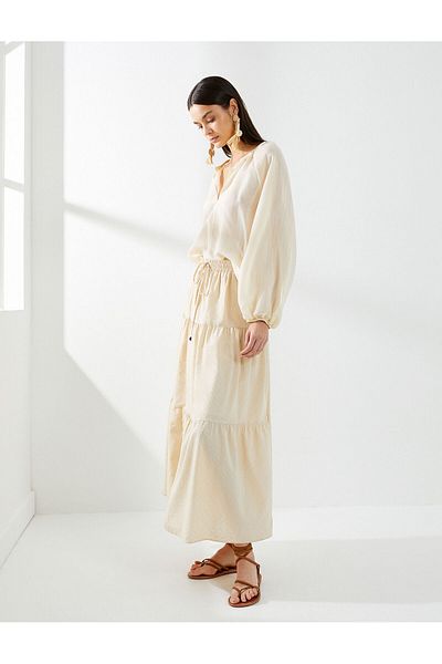 Koton Textured Midi Skirt - Flywheel Detail and Elastic Waist