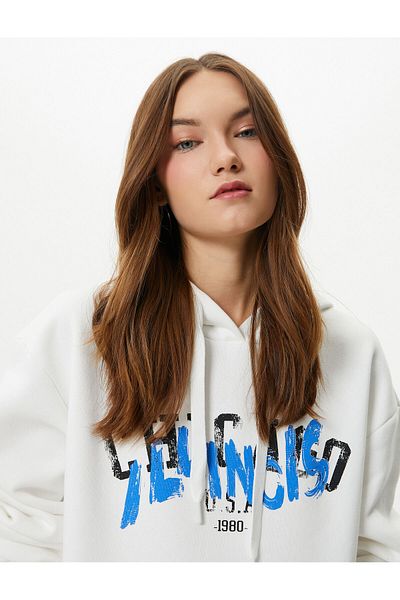Koton Raised Hooded Sweatshirt Printed Back and Front Long Sleeve Cotton Blended