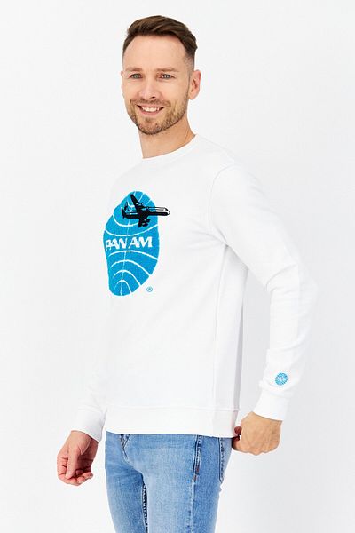 Pan Am Men Crew Neck Long Sleeve Embroidered Logo Sweatshirt, White Combo