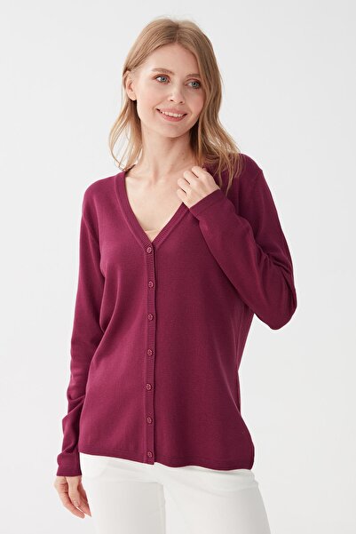 Desen Triko Kadın Likralı Basic Uzun Kollu V Yaka Hırka Mürdüm