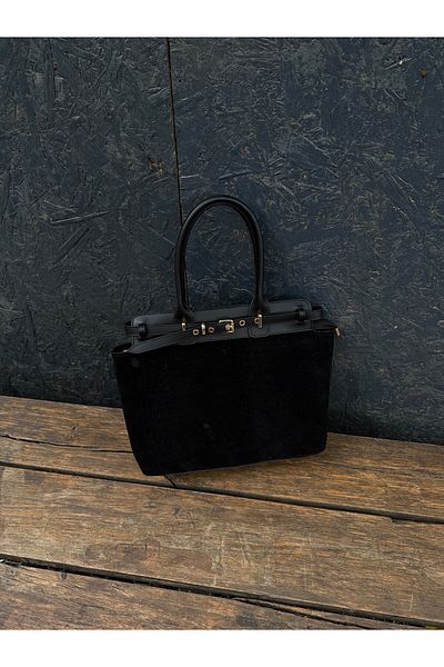 minebag Despina Black Faux Suede Women's Shoulder Bag - Belt Detailed