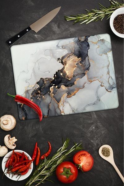 Saban 20X30 cm Black Gilded Glass Cutting Board - Marble