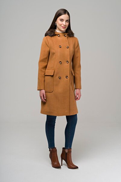 Olcay Παλτό με διπλό στήθος και τσέπη με γούνινη κουκούλα TARÇIN 3930