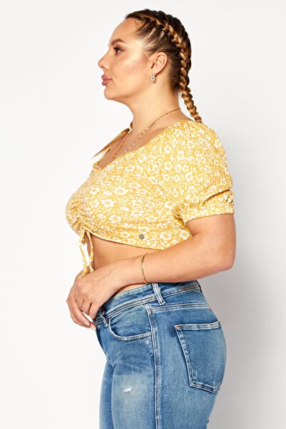 Roxy Women Square Neck Short Sleeves Floral Print Crop Top, Yellow Combo
