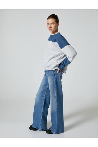 Koton Denim Detailed Sweatshirt Bicycle Collar Back Zipper Detailed