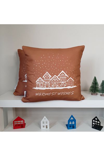 DECO Cinnamon Color Warmest Wishes Slogan and Home Pattern Throw Pillow Cover