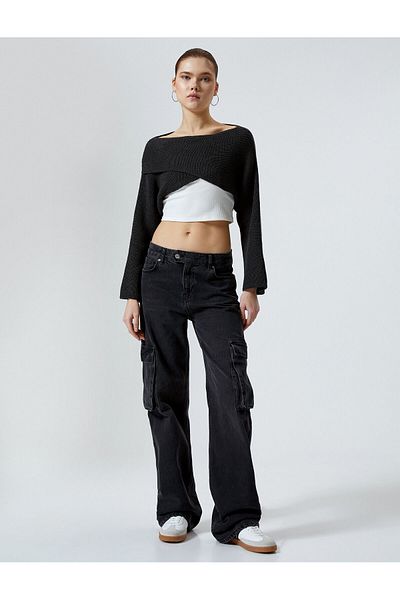 Koton Knitwear Crop Sweater Asymmetrical Cut Long Sleeve Round Neck