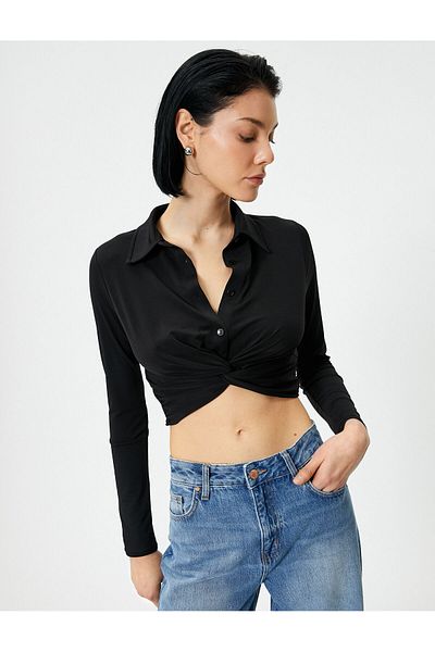 Koton Crop Shirt Slim Fit Classic Collar with Tie Detail