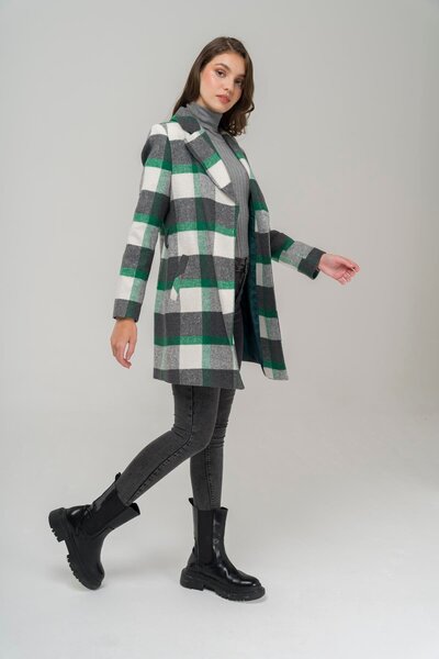 Olcay Öves derékkal bélelt kockás mintás kabát GREEN 3927-E