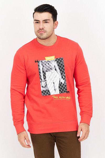 Levi's Men Crew Neck Long Sleeve Graphic Print Sweatshirts, Red Combo