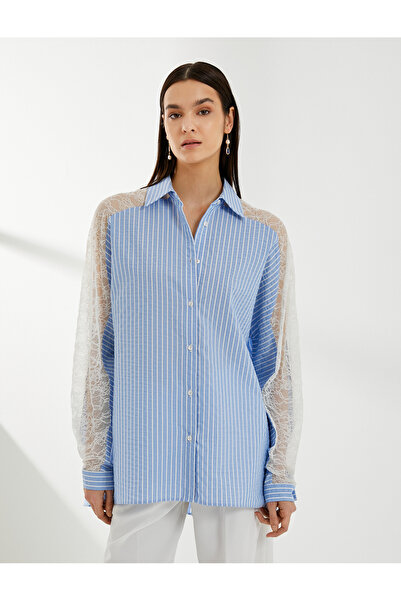 Koton Cămașă cu dantelă cu mânecă lungă, guler cu manșetă cu nasturi