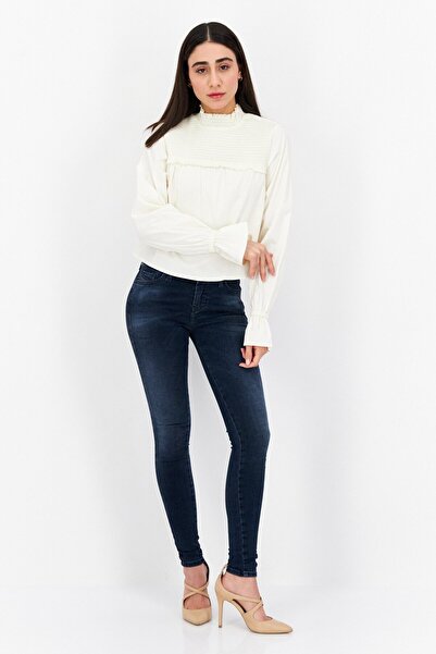 Weworewhat Women Mock Neck Long Sleeve Shirred Blouse, Ivory