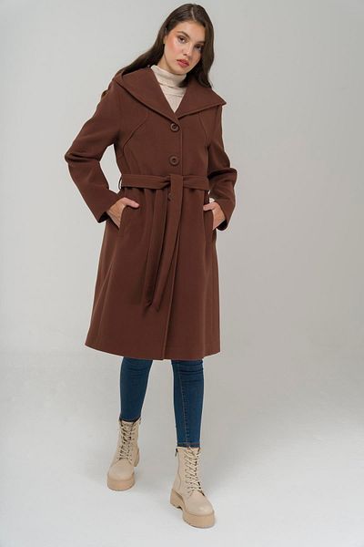 Olcay Hooded Plus Size Coat with Waist Belt A.KAHVE 3920