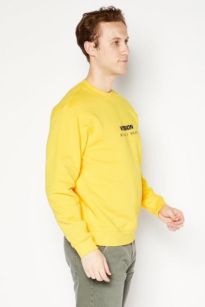 Vision Street Wear Men Crew Neck Embroidered Logo Long Sleeve Sweatshirt, Yellow