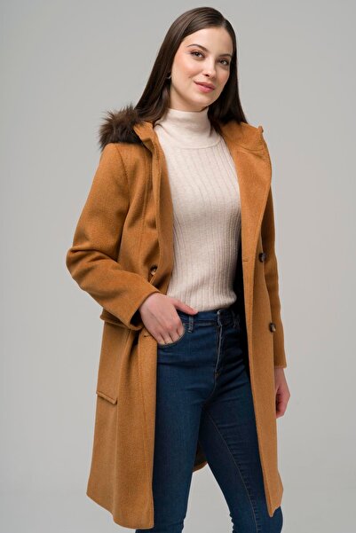 Olcay Παλτό με διπλό στήθος και τσέπη με γούνινη κουκούλα TARÇIN 3930