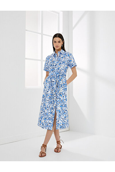 Koton Rochie cămașă florală, cu mânecă scurtă, cu curea, cu nasturi