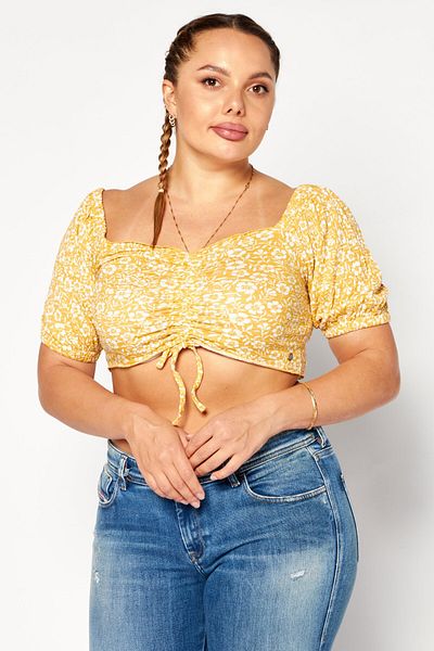 Roxy Women Square Neck Short Sleeves Floral Print Crop Top, Yellow Combo