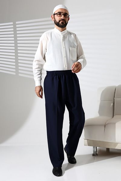 ihvanonline Men's Elastic Waist Pocket Winter Wool Effect Fabric Baggy Trousers - Navy Blue (Isr)
