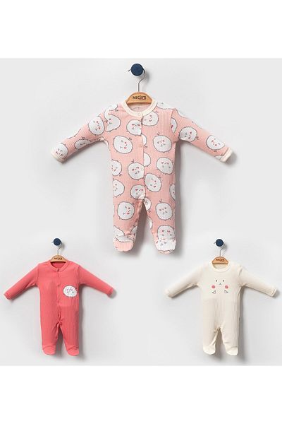 Lolons triple Jumpsuit with Snap Fasteners Lamb Printed Booties for Baby Girl