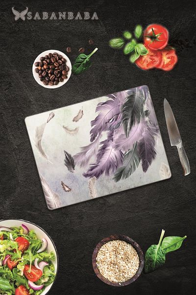Saban 30X40 cm Glass Cutting Board with Feather Pattern
