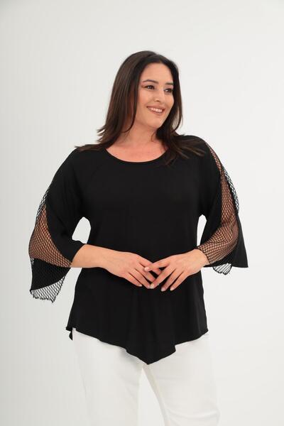 Ebsumu Women'Splus Size Sheer Mesh Detail Flare Sleeve Triangle Cut Black Blouse