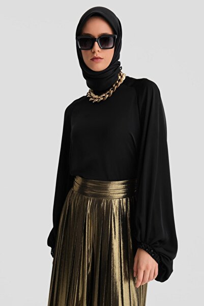 Armine Manşeti Işlemeli Şık Bluz 24k3607 Siyah