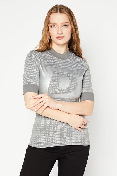 Diesel Women Mock Neck Short Sleeve Brand Logo Shirt, Grey