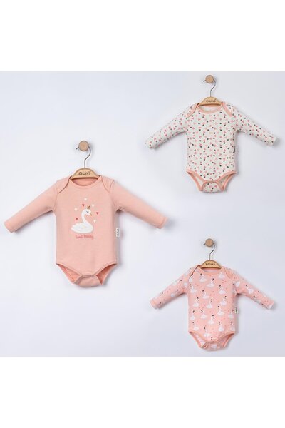 Lolons Kuğu Baskılı Kalpli Ribanalı Kız Bebek Üçlü Çıtçıtlı Badi