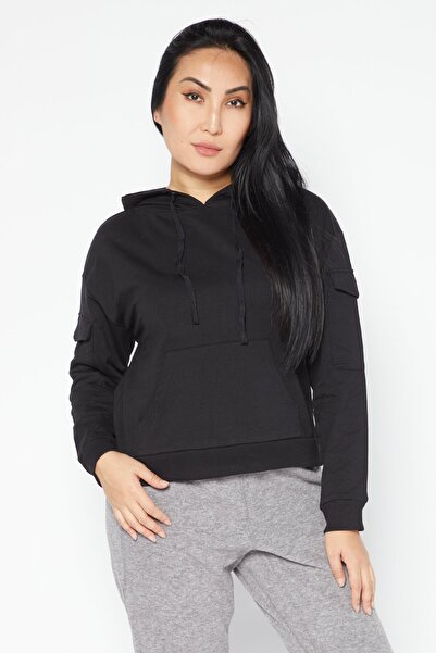 Brave Soul Women Hooded Plain Sweatshirt, Black
