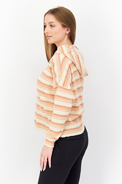 Roxy Women Hooded Long Sleeve Stripe Crop Sweatshirt, Beige Combo