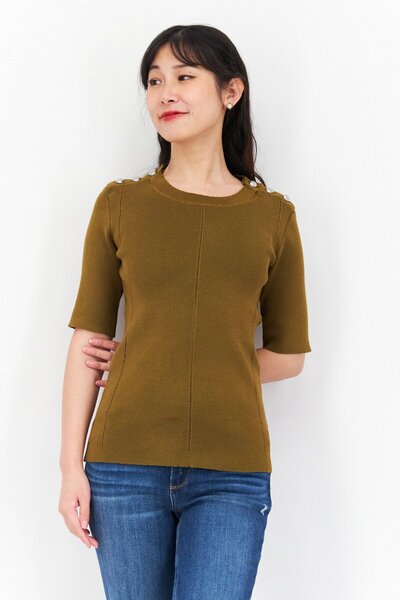 Carmen Marc Valvo Women Crew Neck Short Sleeve Knitted Top, Dark Moss Green