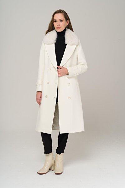 Olcay Detachable Collar Double-Breasted Mid-Length Cashmere Coat Ecru 3987-Tk