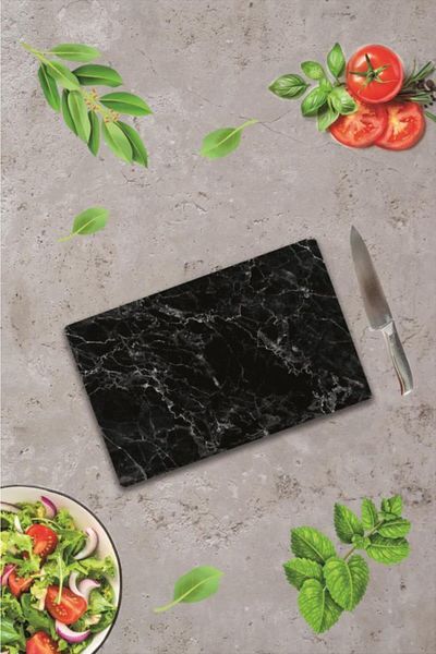 Saban 20X30 cm Glass Cutting Board Black Marble Look