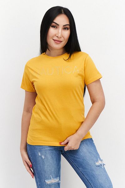 Nautica Women Crew Neck Short Sleeves Brand Logo T-shirt, Mustard