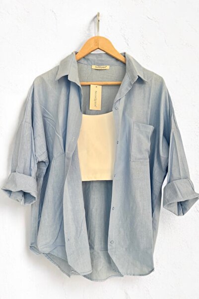 NUDEQUEEN Oversize Keten Dokulu %100 Pamuk Tek Cepli Salaş Gömlek KGT-KU3435