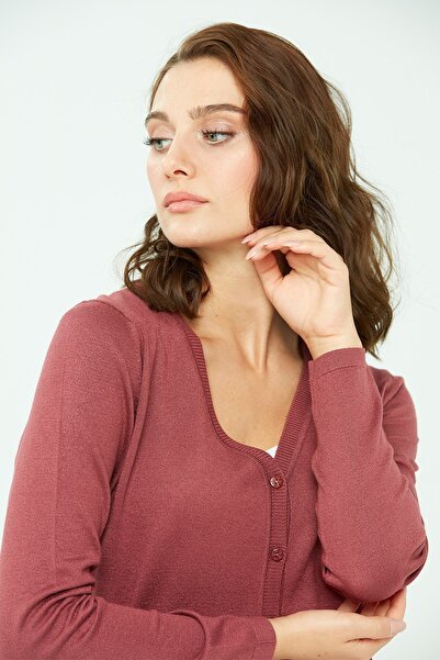 Desen Triko Women's Lycra Basic Long Sleeve V-Neck Cardigan Dusty Rose