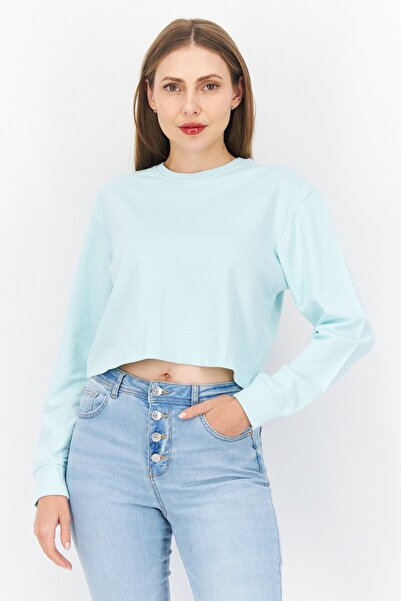 Brave Soul Women Crew Neck Long Sleeves Solid Sweatshirt, Mint