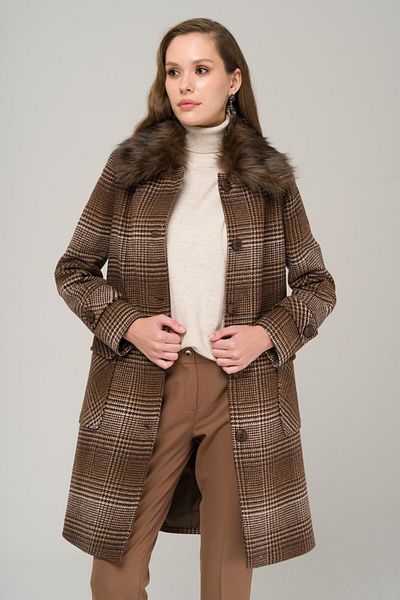 Olcay Karierter Mantel mit abnehmbarem Pelzkragen und Taschentasche BRAUN 3979