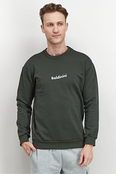 Baldinini Men Crew Neck Long Sleeves Brand Logo Sweatshirt, Green and White