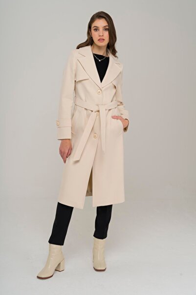 Olcay Cape Detailed Button Closure Belted Coat EKRU 3906