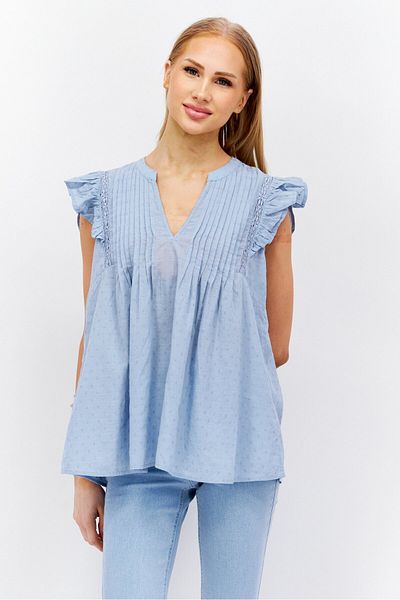 Esprit Women V Neck Cap Sleeve Textured Top, Light Blue